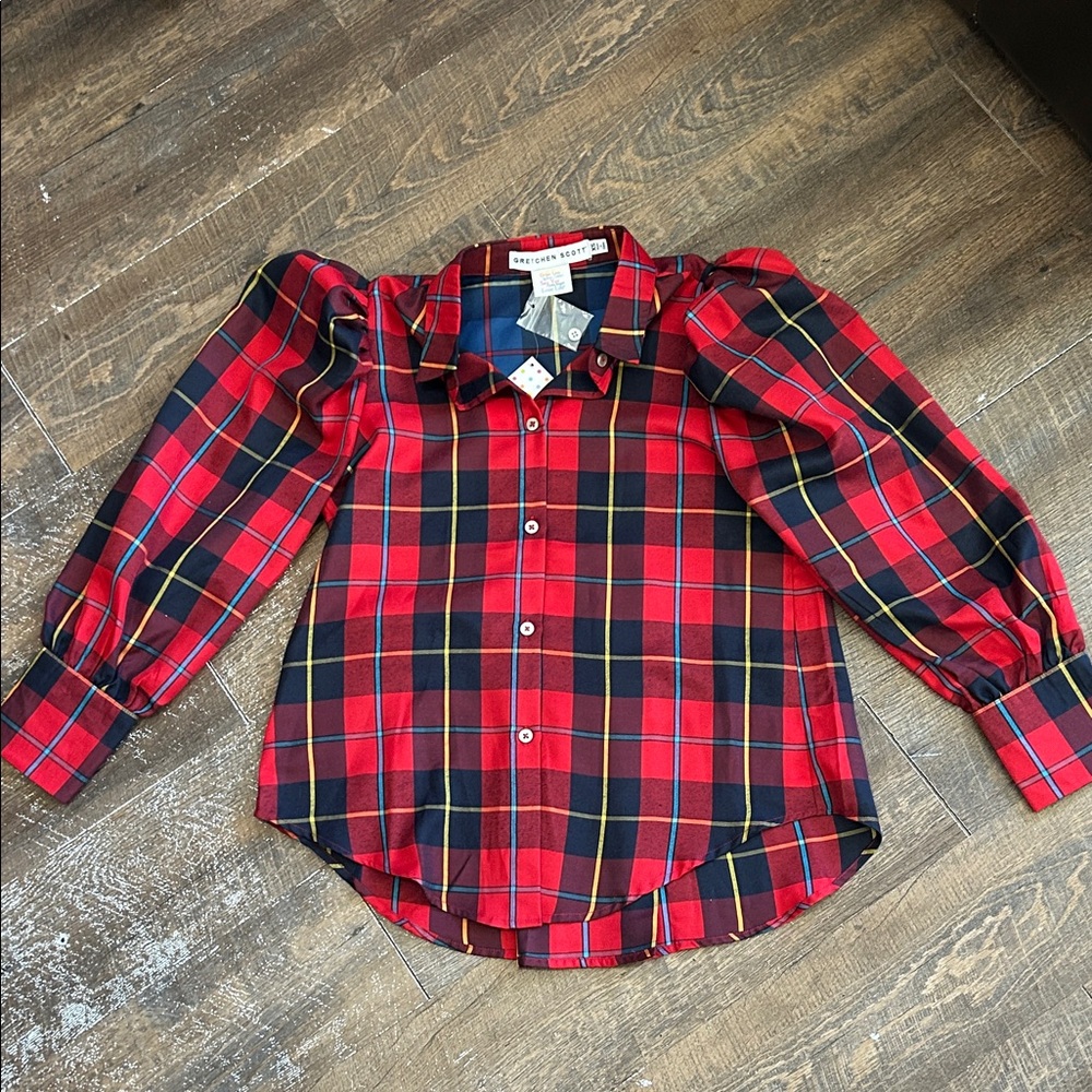 New Gretchen Scott Juliette Blouse Plaid,‎  puffed sleeves high-low hemline. XS